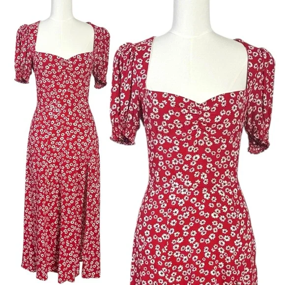 Reformation Lacey Smocked Sleeve Dress in Jenna Red Floral Size 4 - Picture 4 of 11